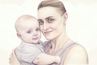 Woman hold baby portrait drawing sketch.