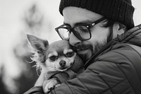 Man hugging chihuahua dog portrait glasses mammal.