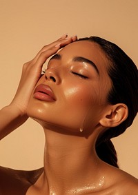Woman applying facial serum drops adult skin perfection.