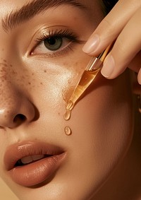 Woman applying facial serum drops skin adult perfection.