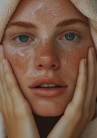 Woman cleaning her face skin portrait photo.