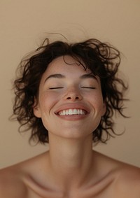 Woman happy with no makeup smile laughing portrait.