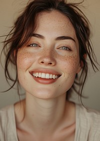 Woman happy with no makeup smile skin freckle.