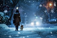 Girl walking with dog snow blizzard outdoors.