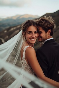 Wedding dress photography mountain portrait.