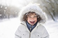 Happy kid walking coat snow cheerful.