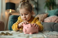 Kid puts a coin in a pink piggy bank child investment innocence.
