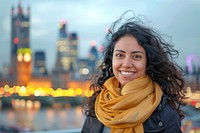 Hispanic woman smiling cityscape scarf smile.