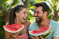 Middle age couple laughing watermelon slice adult.