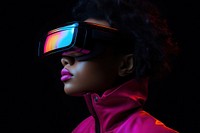 Black Woman wearing VR glasses photography portrait purple.
