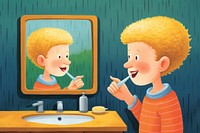 A boy brushing teeth toothbrush mirror sink.