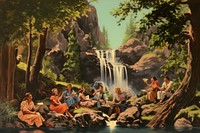 Waterfall art painting outdoors.