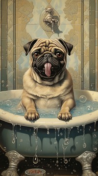 Wet pug bathtub animal mammal.
