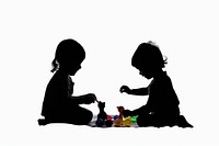 A kid playing toy with friend silhouette white background togetherness.