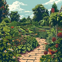 Vector illustrated of a garden landscape outdoors backyard.