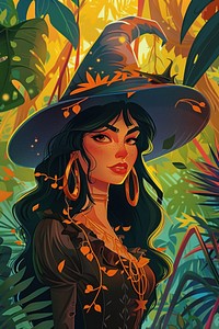 Vector illustrated of a witch outdoors forest adult.