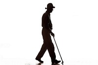 A profile old man with cane walking silhouette white.