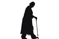 A profile old woman with cane silhouette walking white.