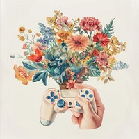 Hand holding joystick gaming flower painting pattern.