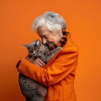 Old woman hugging pet portrait animal mammal.