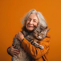 Old woman hugging pet portrait animal mammal.