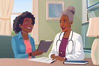 Happy senior woman and black female caregiver analyzing medical data doctor adult togetherness.