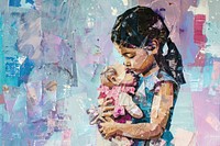 Girl holding a baby doll collage art painting.