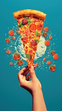 Person holding a slice of pizza food advertisement pepperoni.