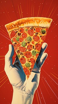 Person holding a slice of pizza food advertisement pepperoni.