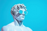 Apollo statue with sunglasses blue blue background representation.