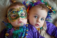 Baby boys in mardi gras mask portrait carnival costume.