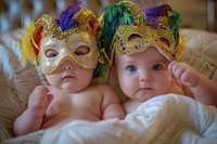 Baby boys in mardi gras mask portrait carnival photo.