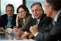 Photo of Business professionals discussing financial strategies conversation glasses adult.