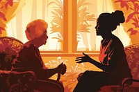 Senior woman talking to caregiver at home conversation togetherness backlighting.