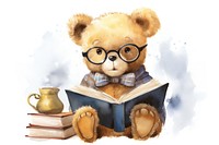 Teddy bear holding a giant book glasses publication reading.