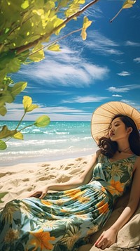 Thai woman sunbath in the beach summer adult contemplation.