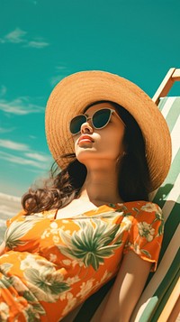 Thai woman sunbath in the beach sunglasses sunbathing summer.
