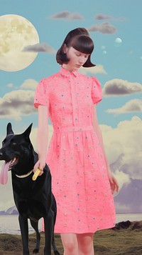 Black dog with pink dress portrait outdoors pattern.