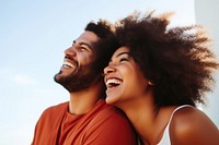 African american woman laughing with her couple adult smile togetherness.