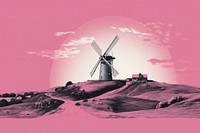 CMYK Screen printing pink and grey windmill outdoors technology landscape.
