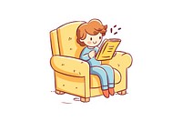 Doodle illustration adult boy sitting armchair reading cartoon.