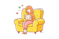 Doodle illustration adult girl sitting armchair reading furniture.