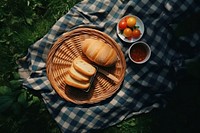 One basket picnic plate bread food.