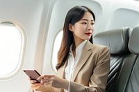 Asian business woman using smartphone while sitting on the plane vehicle adult transportation.