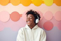 Happy black boy playing headphones portrait headset.