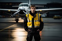 Man aircraft marshall worker in runway airport airplane vehicle adult.