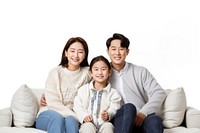 Korean family sitting furniture smiling sweater.