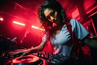 Asian woman DJ turntable nightclub adult.