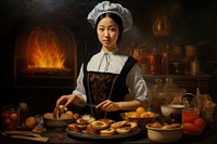 Asian girl chef painting adult food.