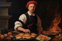 Baseball player painting portrait cooking.